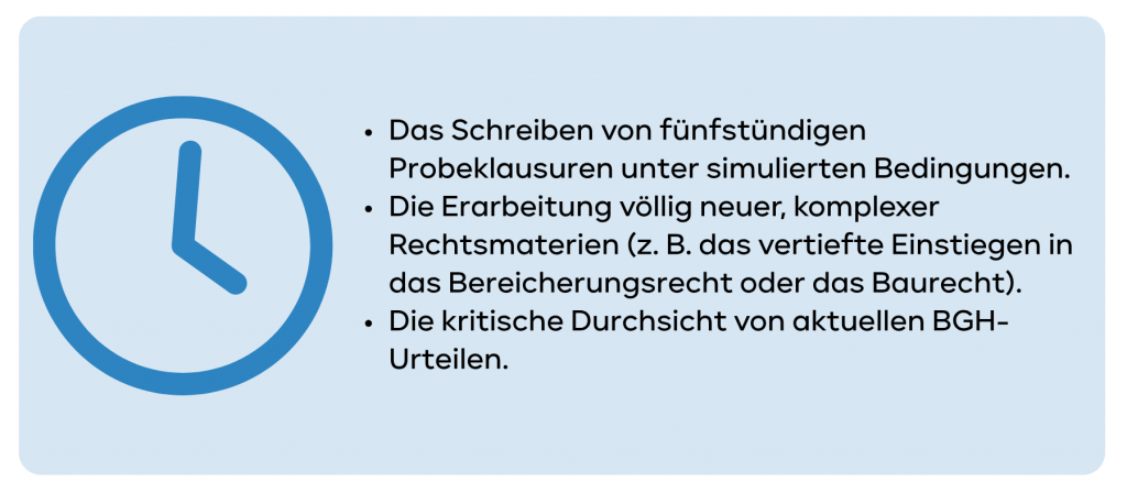 Das Schreiben von fünfstündigen Probeklausuren unter simulierten Bedingungen. Die Erarbeitung völlig neuer, komplexer Rechtsmaterien (z. B. das vertiefte Einstiegen in das Bereicherungsrecht oder das Baurecht). Die kritische Durchsicht von aktuellen BGH-Urteilen.