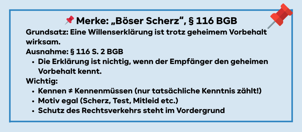 📌 Merke: „Böser Scherz“, § 116 BGB
