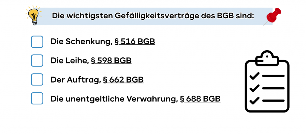 Die wichtigsten Gefälligkeitsverträge des BGB sind: