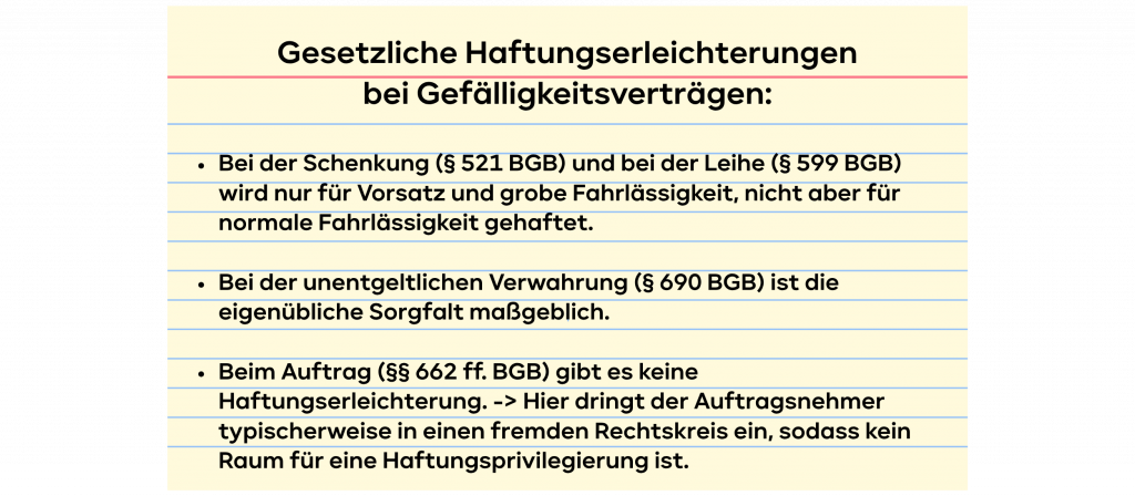 Gesetzliche Haftungserleichterungen bei Gefälligkeitsverträgen