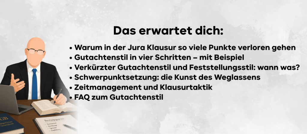 Warum in der Jura Klausur so viele Punkte verloren gehen Gutachtenstil in vier Schritten – mit Beispiel Verkürzter Gutachtenstil und Feststellungsstil: wann was? Schwerpunktsetzung: die Kunst des Weglassens Zeitmanagement und Klausurtaktik FAQ zum Gutachtenstil
