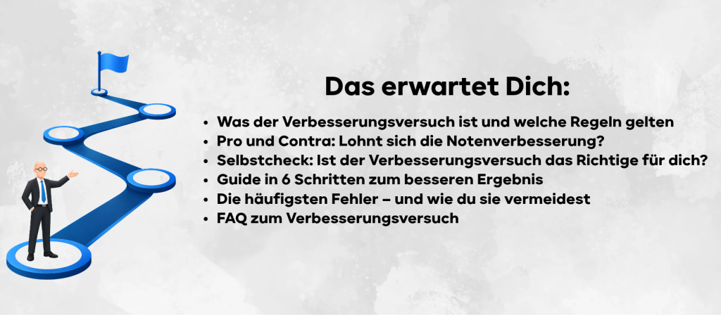 Was der Verbesserungsversuch ist und welche Regeln gelten Pro und Contra: Lohnt sich die Notenverbesserung? Selbstcheck: Ist der Verbesserungsversuch das Richtige für dich? Guide in 6 Schritten zum besseren Ergebnis Die häufigsten Fehler – und wie du sie vermeidest FAQ zum Verbesserungsversuch